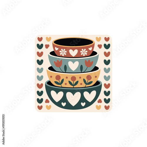 A stack of four decorative bowls adorned with colorful hearts and floral patterns