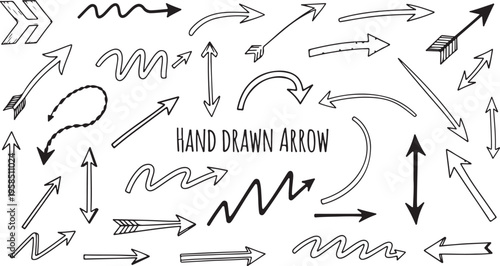 Hand drawn arrows collection various black illustrations on white background