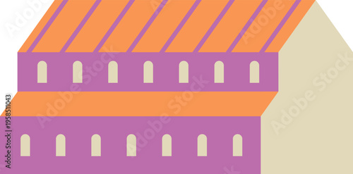 Building facade illustration with arched windows and orange roof
