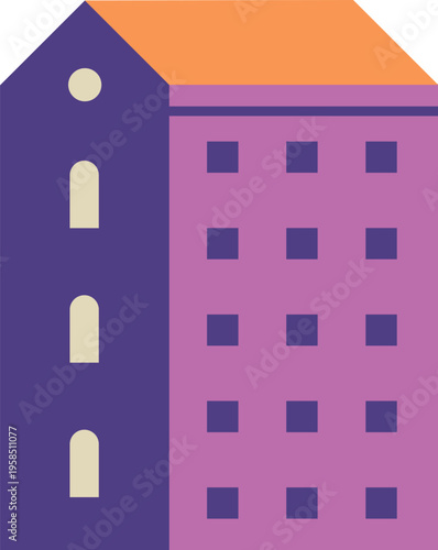 Modern colorful building with a purple body and orange roof
