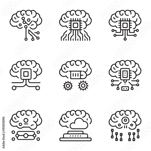 Artificial Intelligence Brain Line Icon Set