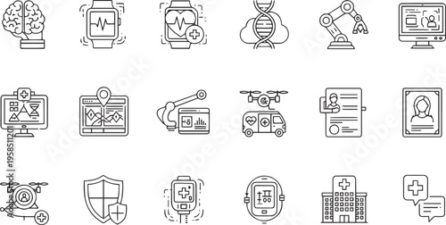 Medical Technology and Digital Healthcare Thin Line Icon Set