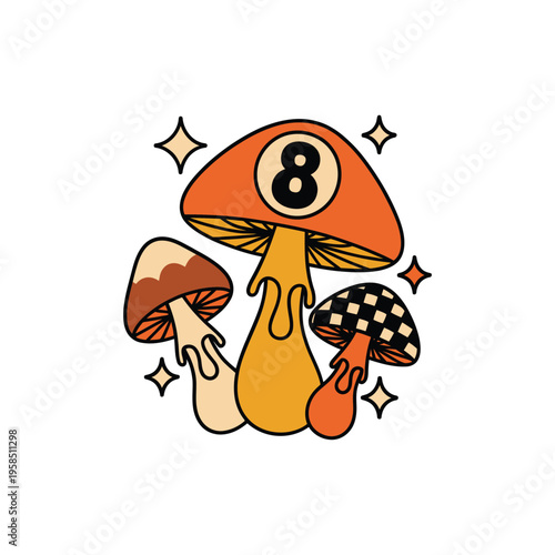 A whimsical illustration of colorful mushrooms featuring an eye and the number eight