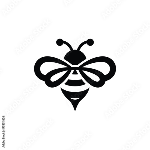 A minimalist black silhouette of a bee with striped abdomen and wings