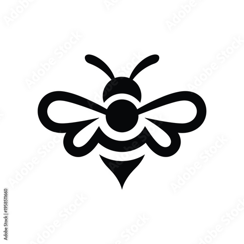 Minimalist black and white illustration of a bee with stylized wings and body