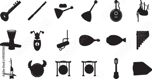 A collection of various musical instruments from around the world in black and white