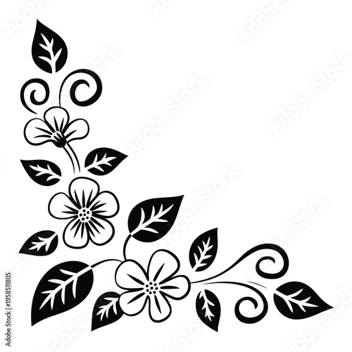 Elegant floral corner design featuring blossoms and swirling leaf patterns in black