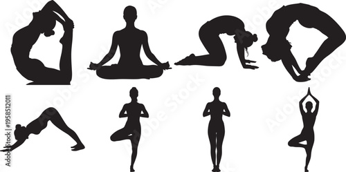 Detailed illustration featuring eight black silhouettes of various yoga poses on a pure white background, showcasing flexibility and balance in different positions.
