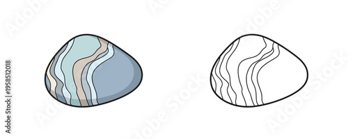 Chalcedony agate stone vector illustrations shown in colored cartoon and black outline linear styles, light blue, grey, and tan banded mineral tones, representing natural rock on white background
