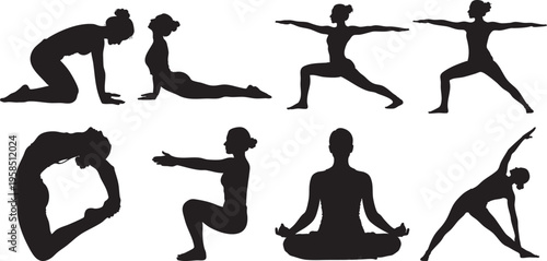 Detailed illustration featuring eight black silhouettes of various yoga poses on a pure white background, showcasing flexibility and balance in different positions.
