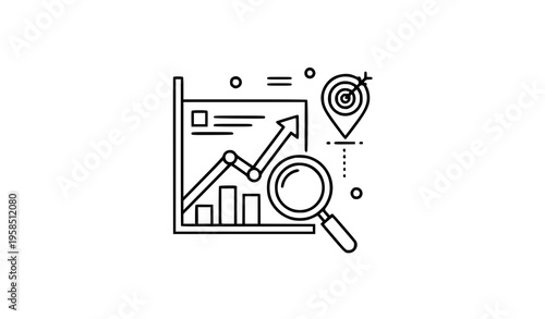 Prediction market and financial forecasting line icon with analysis chart and target symbol in thin outline vector style