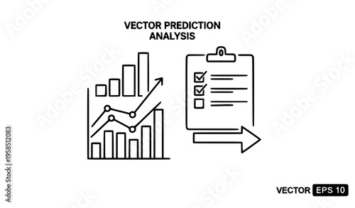 Financial prediction and market analysis icon with bar chart review and forecast trend in minimal line vector design