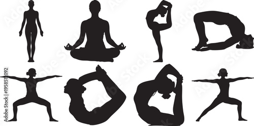 This image features eight black silhouette yoga poses on a pure white background, showcasing various stretching and meditation positions.
