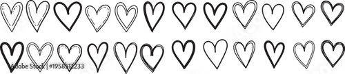 Hand drawn hearts with decorative patterns in black on white background