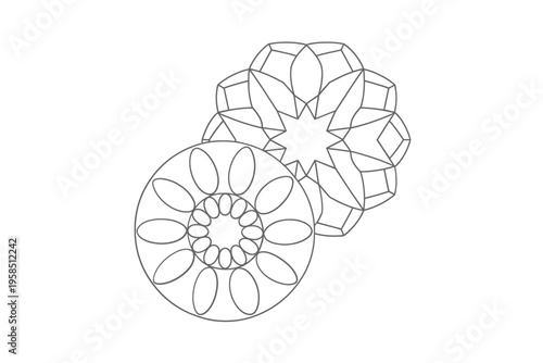 Intricate black and white line art featuring three circular floral designs