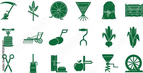 Collection of 15 black and white agricultural icons and tools