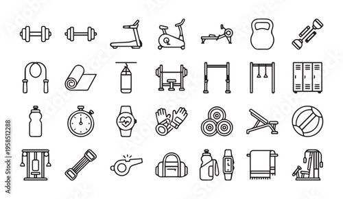 Gym and workout equipment icons: strength training and exercise