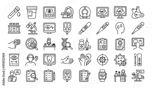 Medical and healthcare icons set doodle style with science and technology