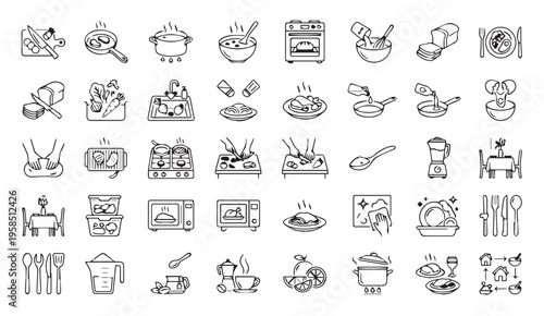 Hand-drawn food and cooking icons set with fast food