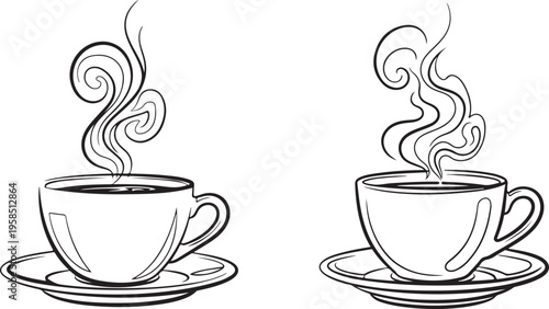 Hand drawn illustration of two steaming cups of coffee on saucers