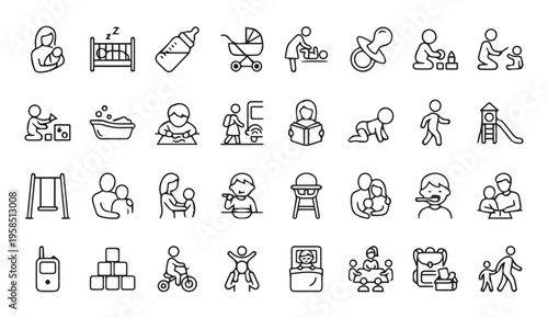 Family and child icons: parenthood, baby care, and childhood symbols