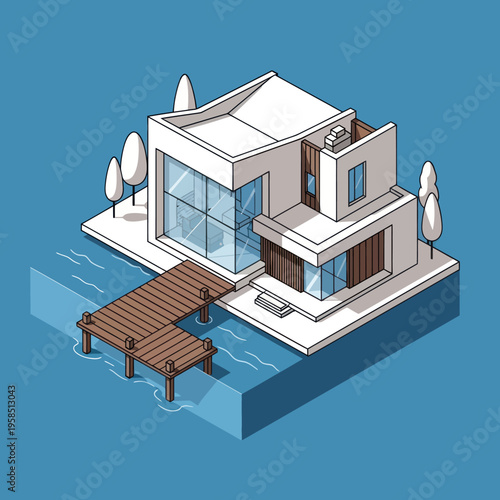 Modern House with Dock on Water.