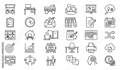 Business and office icons: workflow, meetings, and productivity symbols