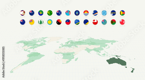 Collection of Round Flags of Oceania with Oceania Highlighted on a World Map.
