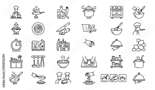 Cooking icons: chef, kitchen utensils, and food preparation symbols