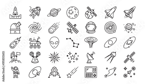 Space exploration icons: rocket, astronaut, planets, galaxy, alien