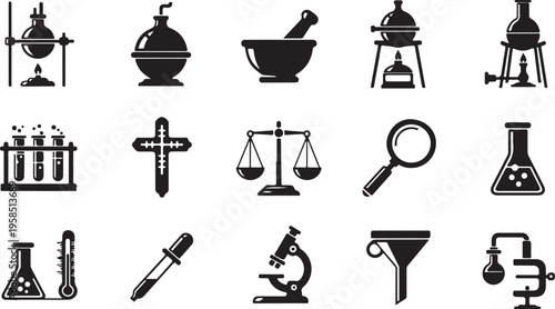Collection of laboratory equipment and scientific instruments icons