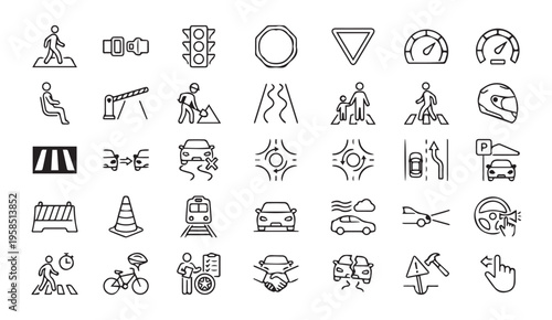 Traffic and road safety icons: signs, cars, pedestrians, signals, hazards