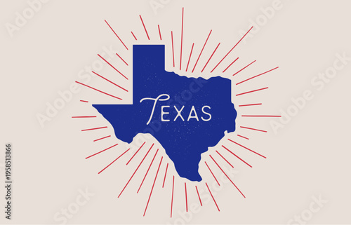 USA, Texas state. Texas map silhouette, light rays sunburst. Vintage Texas silhouette map, USA state stamp graphic., grunge texture. USA Texas state sign, symbol emblem, map. Vector Illustration