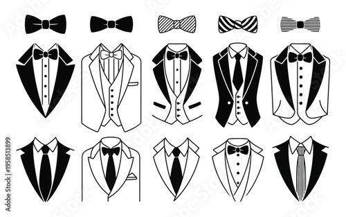 Gentlemen tuxedo and bow tie vector graphic design template set for sticker, decoration, cutting and print file, elegant formal wear elements collection, clean flat vector illustration for branding 
