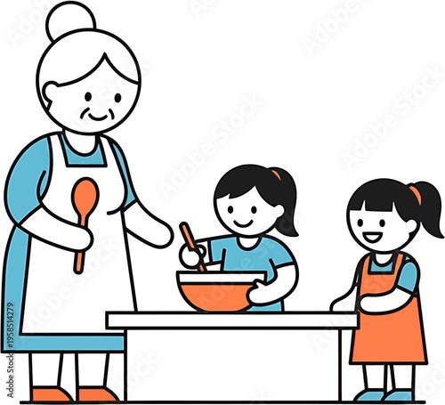 Heartwarming Family Baking Scene Grandmother and Granddaughters Joyfully Prepare a Homemade Treat in the Kitchen, Creating Sweet Memories and Passing Down Culinary Traditions