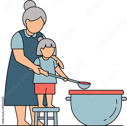 A heartwarming illustration of a grandmother and granddaughter cooking together in the kitchen, sharing a special moment of intergenerational learning and family bonding over a meal preparation