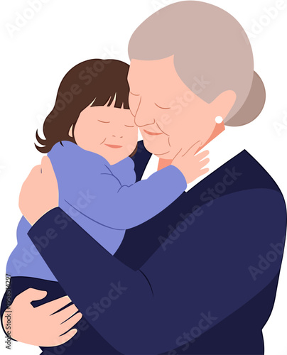 A heartwarming illustration depicting the tender embrace of a loving grandmother and her happy grandchild, symbolizing the deep intergenerational bond and pure family affection