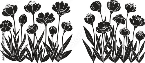 Hand drawn tulips floral pattern black and white illustration