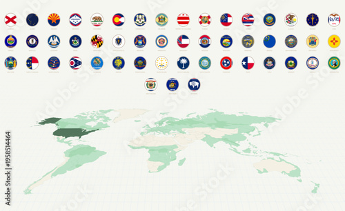 Collection of Round Flags of US State with USA Highlighted on a World Map.