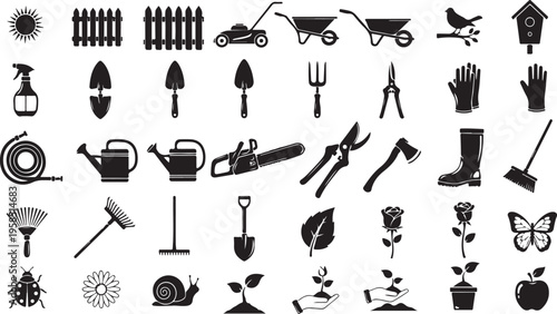 Gardening tools and icons for landscaping and horticulture