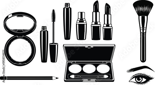 makeup brushes and cosmetic set with powder and beauty accessories