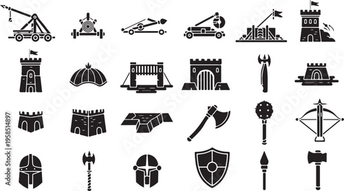 Medieval castle siege weapons and defensive symbols icon set