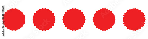 Set of red starburst, sunburst badges, sale sticker, price tag, starburst icon set , Circle sticker set. Wavy edge promo red badges. Starburst shape tags for price.  Vector illustration. Eps10