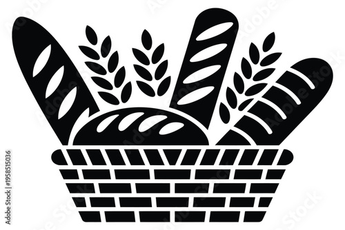 Bakery basket with assorted bread baguettes and wheat ears black silhouette vector icon isolated on transparent background for food logo