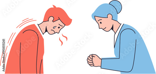 Vector illustration of a man expressing deep sadness or regret and a woman showing respectful apology or contemplation, symbolizing complex human emotions