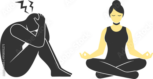 Finding tranquility An illustration contrasting heavy burden of stress and anxiety with calming, restorative practice of meditation for mental balance