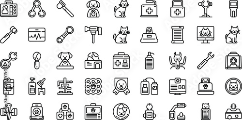 Veterinary and pet care line icon set featuring dog cat clinic grooming minimal outline vector collection