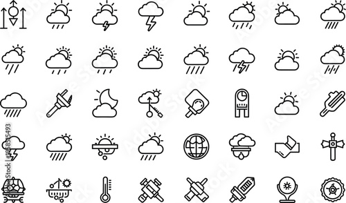 Weather forecast and meteorology line icon set featuring rain cloud temperature climate minimal outline vector collection