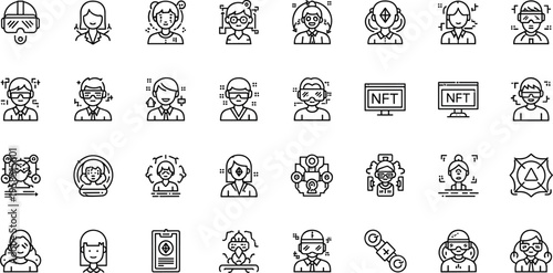Virtual reality and metaverse avatar line icon set featuring digital identity nft minimal outline vector collection