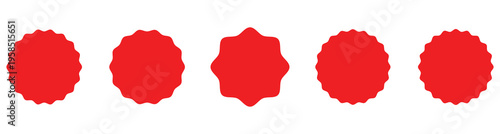 Red starburst badge shape for sale label, discount sticker, promotional tag, price badge, and marketing design.  Starburst icons isolated on white background. Eps10